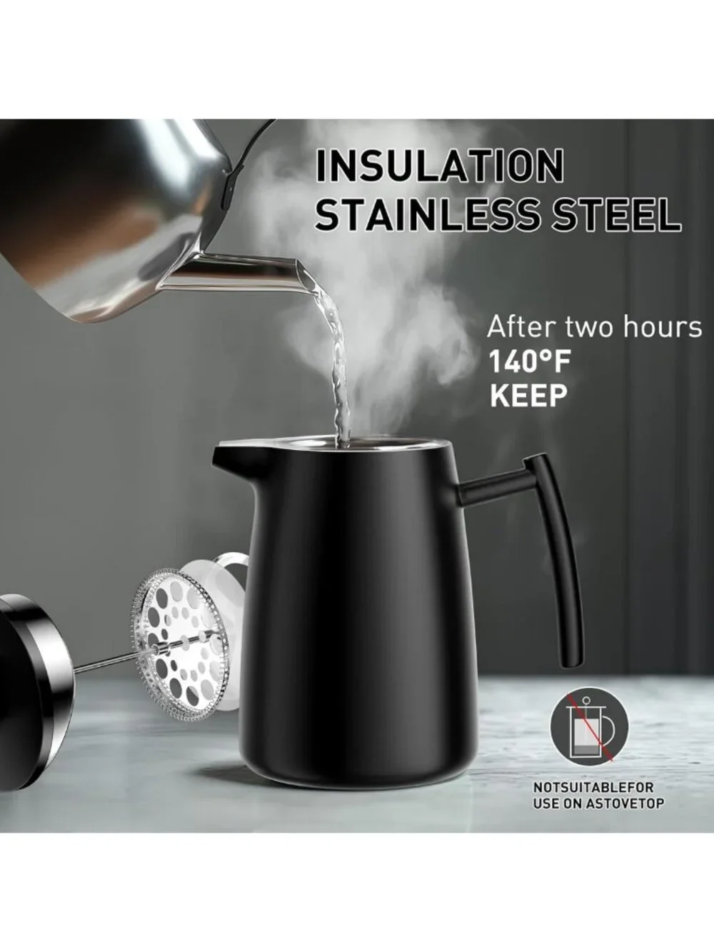 50oz Stainless Steel French Press Coffee Maker – Insulated, Extra Filter, Black